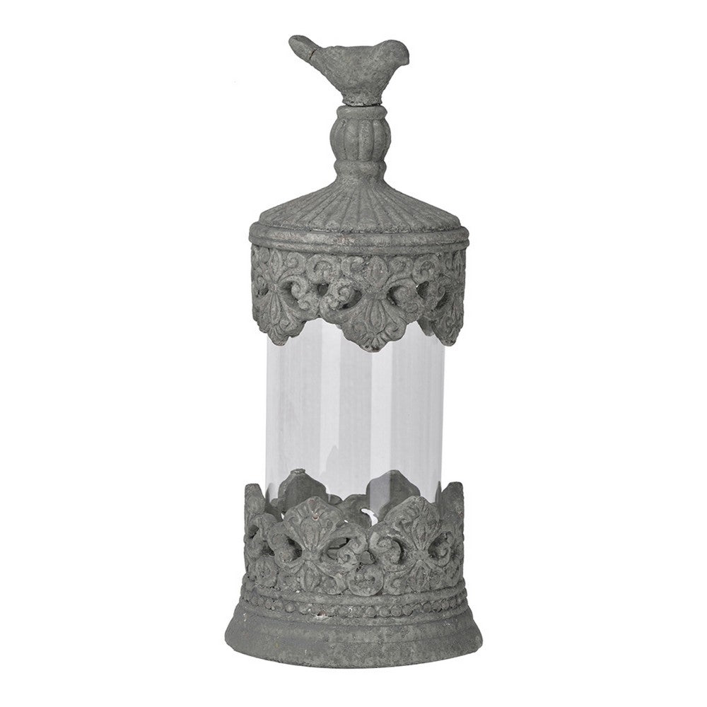 Floating Fleur Glass Jar, 13 Inch Gray Bird Accent, Ornate Cement Lid - BM350220