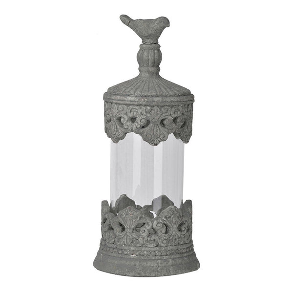 Floating Fleur Glass Jar, 13 Inch Gray Bird Accent, Ornate Cement Lid - BM350220