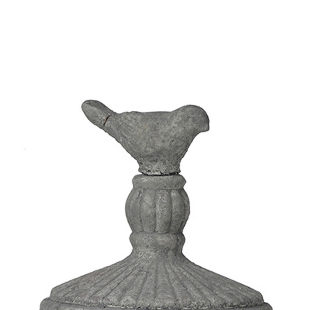 Floating Fleur Glass Jar, 13 Inch Gray Bird Accent, Ornate Cement Lid - BM350220