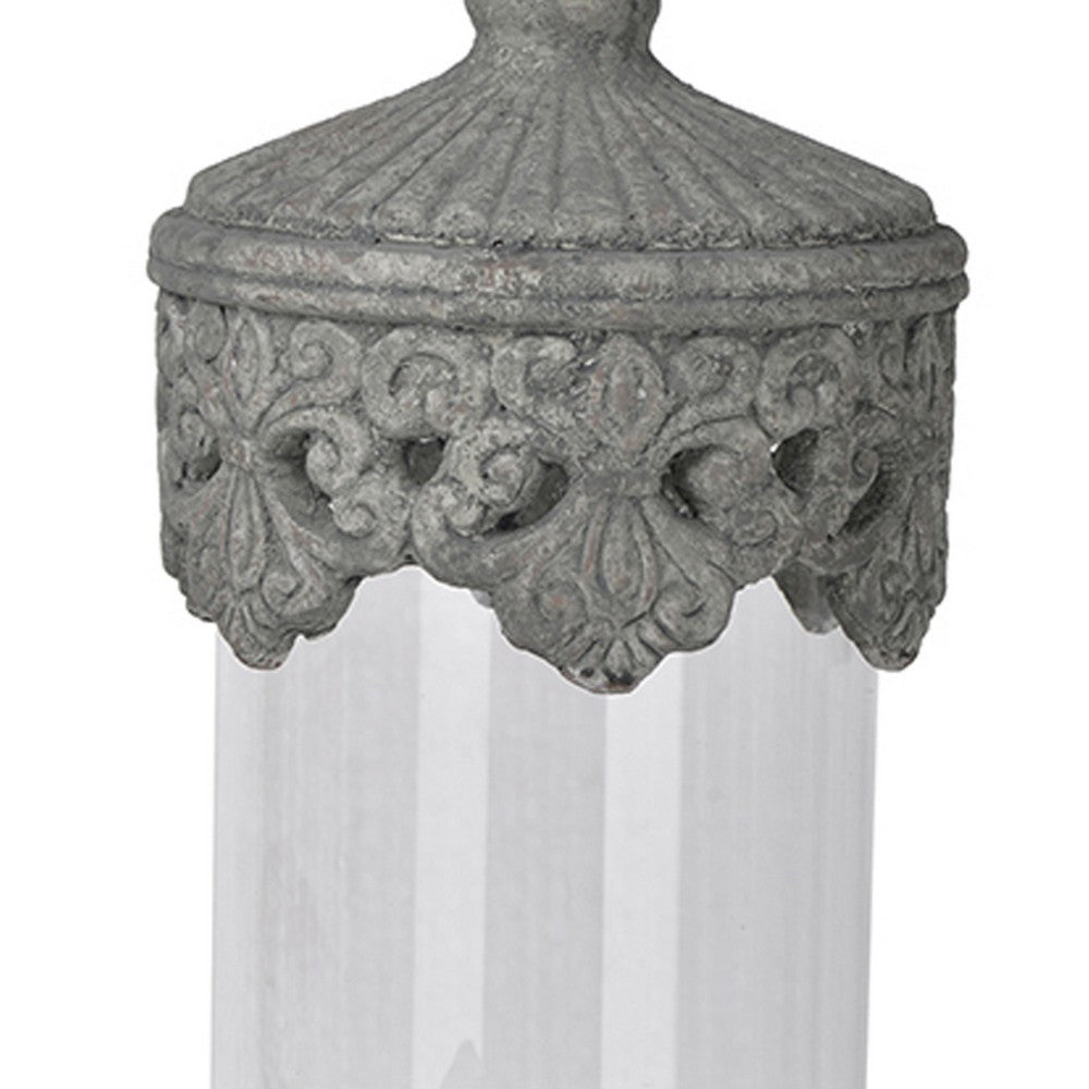 Floating Fleur Glass Jar, 13 Inch Gray Bird Accent, Ornate Cement Lid - BM350220