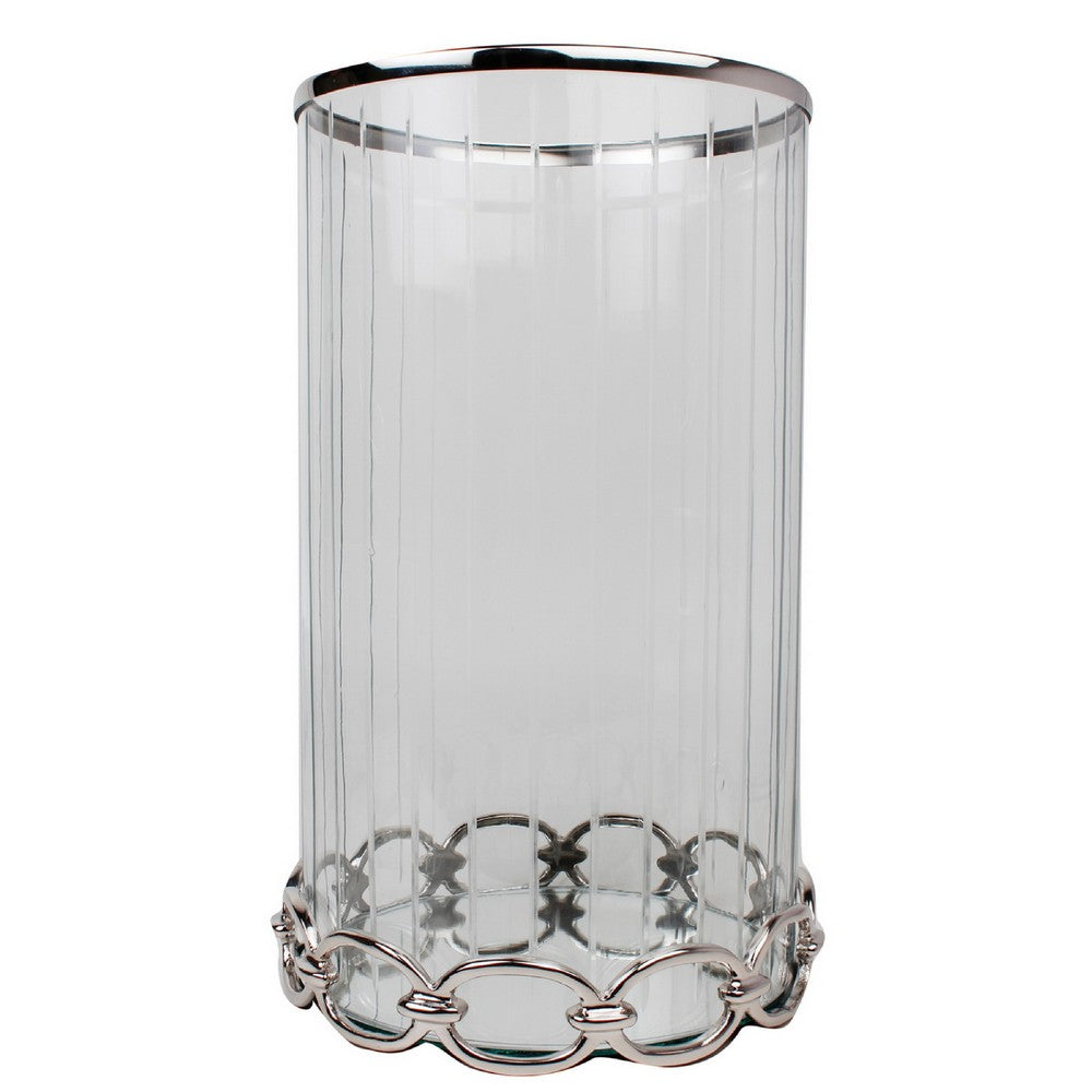 Vintage Candle Holder, Clear Glass Hurricane, 18 Inch Silver Accent Rim - BM350223