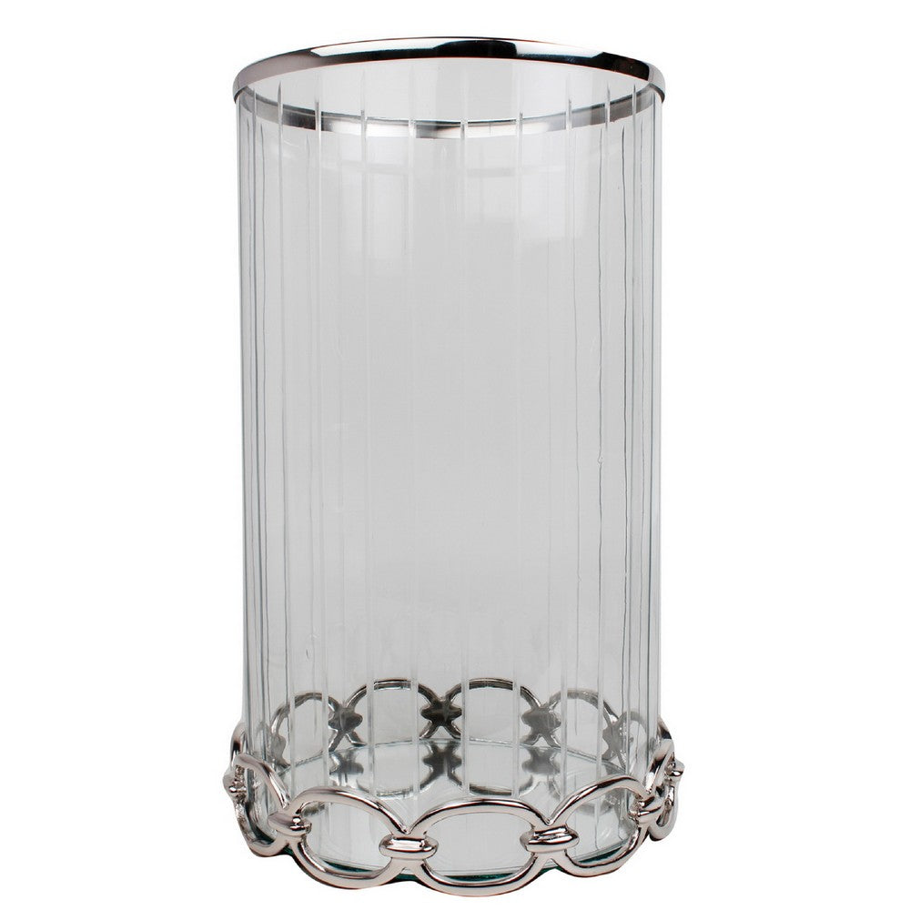 Vintage Candle Holder, Clear Glass Hurricane, 18 Inch Silver Accent Rim - BM350223