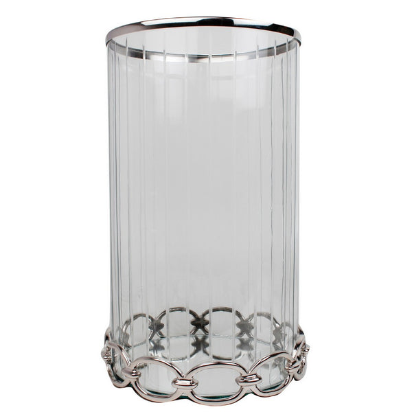 Vintage Candle Holder, Clear Glass Hurricane, 18 Inch Silver Accent Rim - BM350223