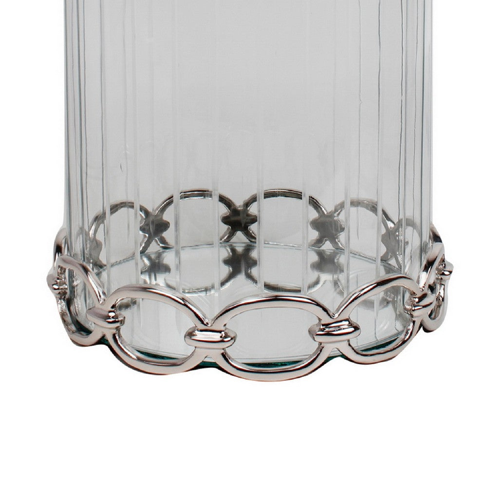 Vintage Candle Holder, Clear Glass Hurricane, 18 Inch Silver Accent Rim - BM350223