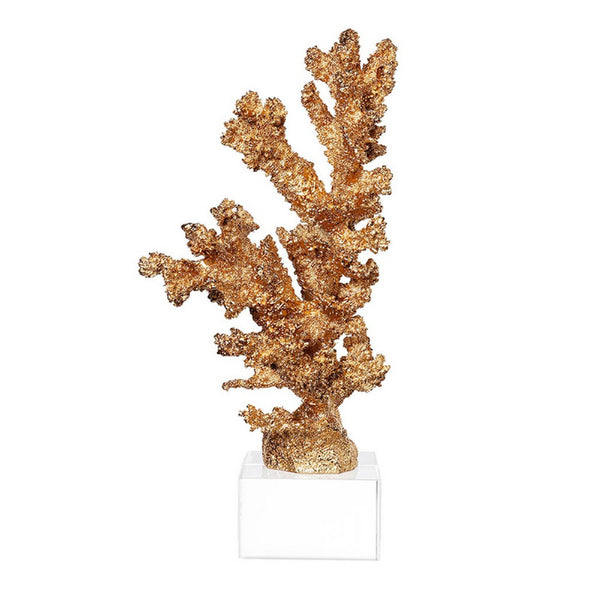Coral Accent Tabletop Sculpture, Clear Glass Base, 13 Inch Gold Resin - BM350224