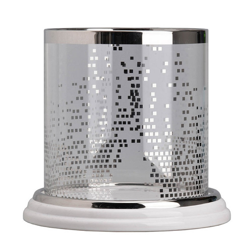 Gsy Decorative Candle Holder, Silver and White Patchwork, 7 Inch Glass - BM350225