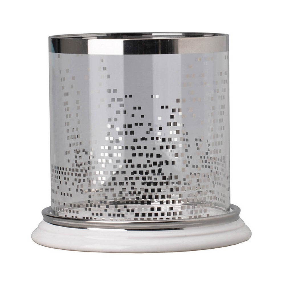 Gsy Decorative Candle Holder, Silver and White Patchwork, 10 Inch Glass - BM350227