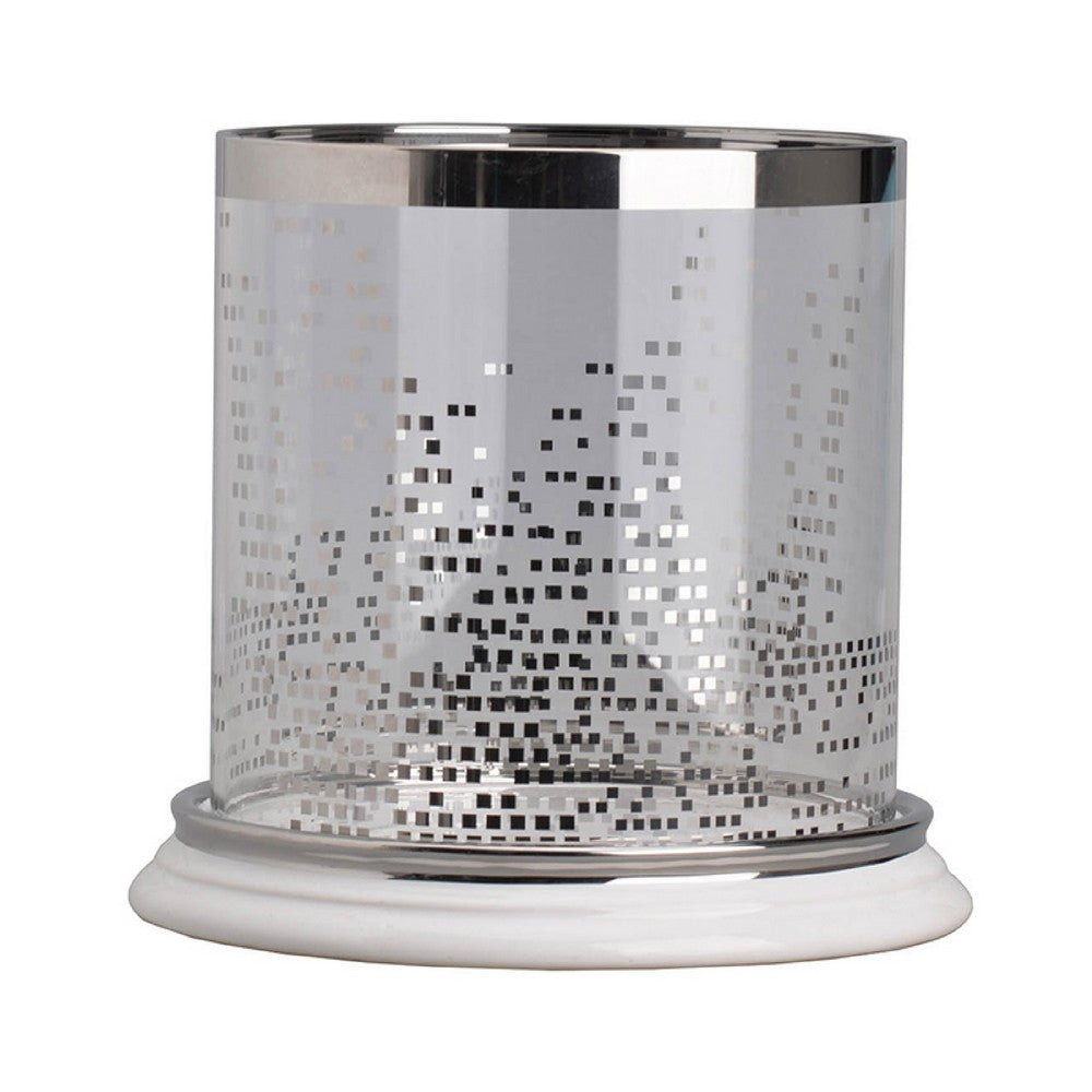 Gsy Decorative Candle Holder, Silver and White Patchwork, 10 Inch Glass - BM350227