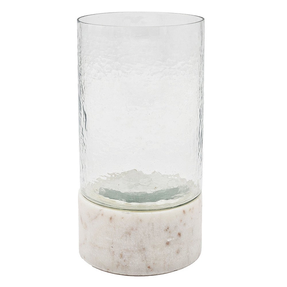 Candle Holder with Textured Glass Shade, White Coastal Stone Base, 8 Inch - BM350228