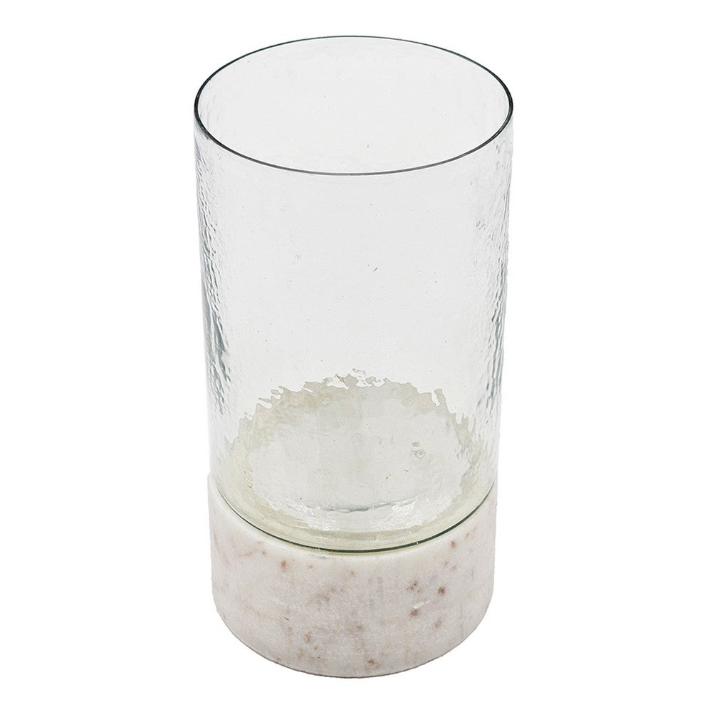 Candle Holder with Textured Glass Shade, White Coastal Stone Base, 8 Inch - BM350228