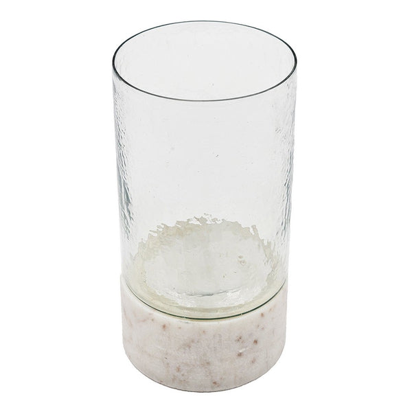 Candle Holder with Textured Glass Shade, White Coastal Stone Base, 8 Inch - BM350228