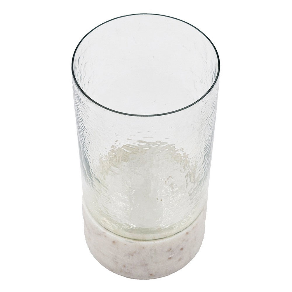 Candle Holder with Textured Glass Shade, White Coastal Stone Base, 8 Inch - BM350228