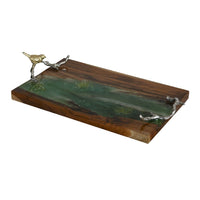 Teak Wood Serving Tray, Emerald Green Resin, Antique Gold Bird, 24 Inch - BM350230