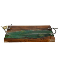 Teak Wood Serving Tray, Emerald Green Resin, Antique Gold Bird, 24 Inch - BM350230