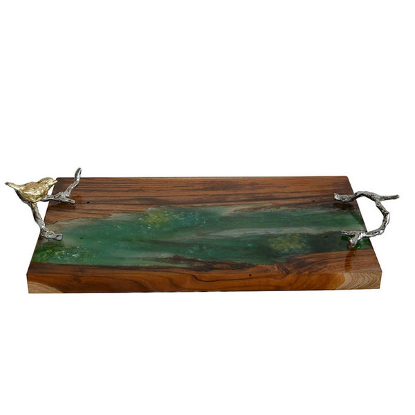 Teak Wood Serving Tray, Emerald Green Resin, Antique Gold Bird, 24 Inch - BM350230