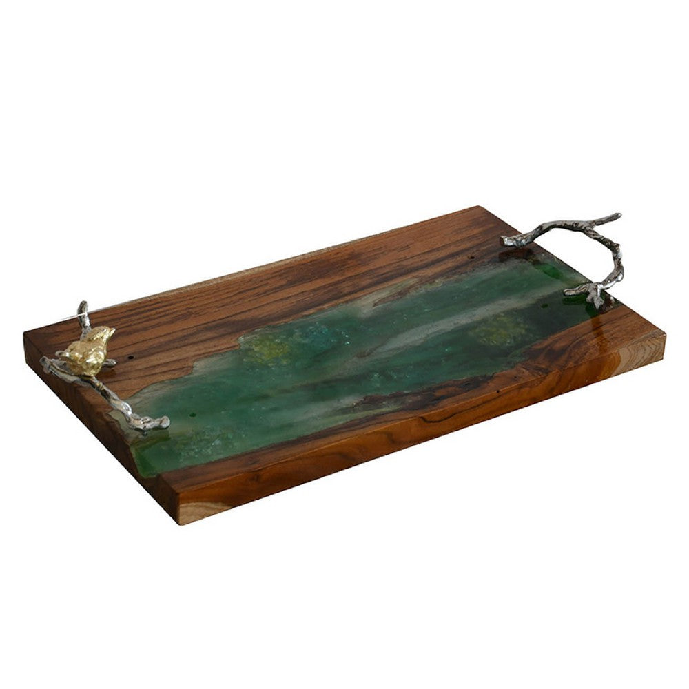 Teak Wood Serving Tray, Emerald Green Resin, Antique Gold Bird, 24 Inch - BM350230
