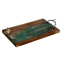 Teak Wood Serving Tray, Emerald Green Resin, Antique Gold Bird, 24 Inch - BM350230