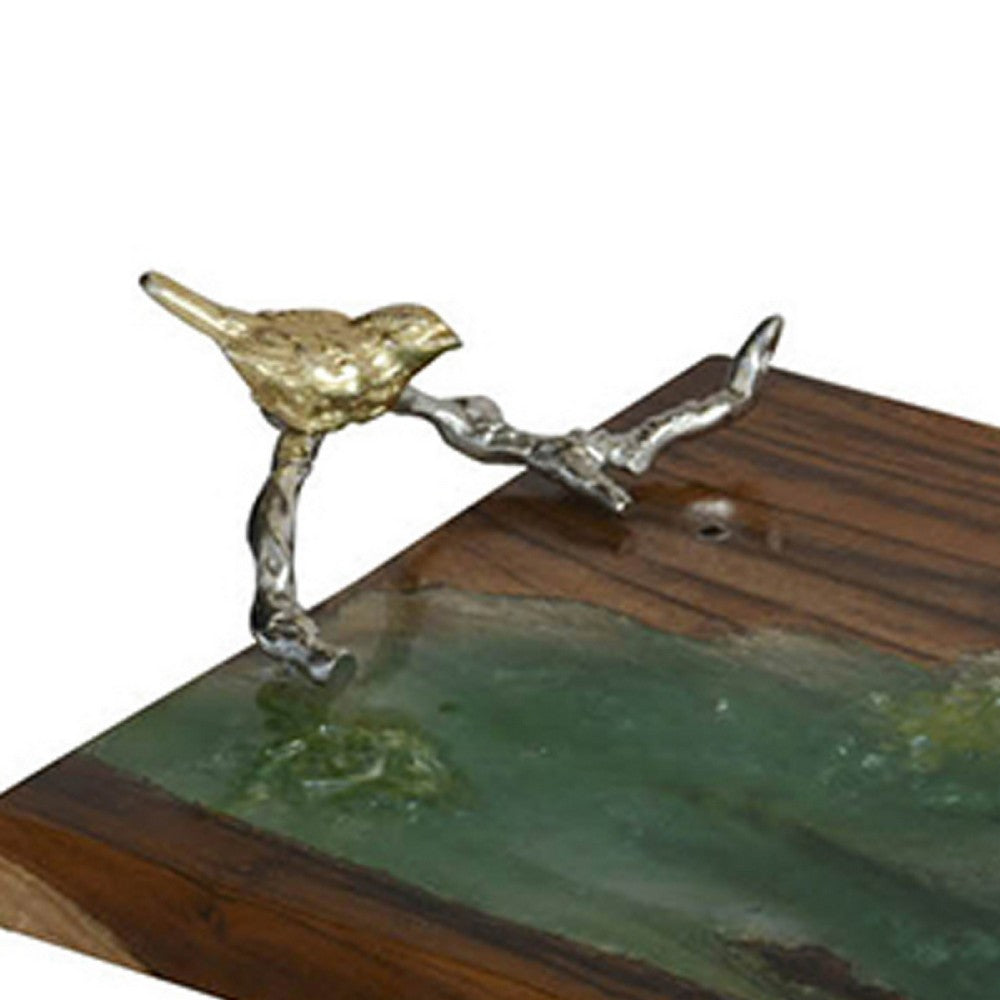 Teak Wood Serving Tray, Emerald Green Resin, Antique Gold Bird, 24 Inch - BM350230