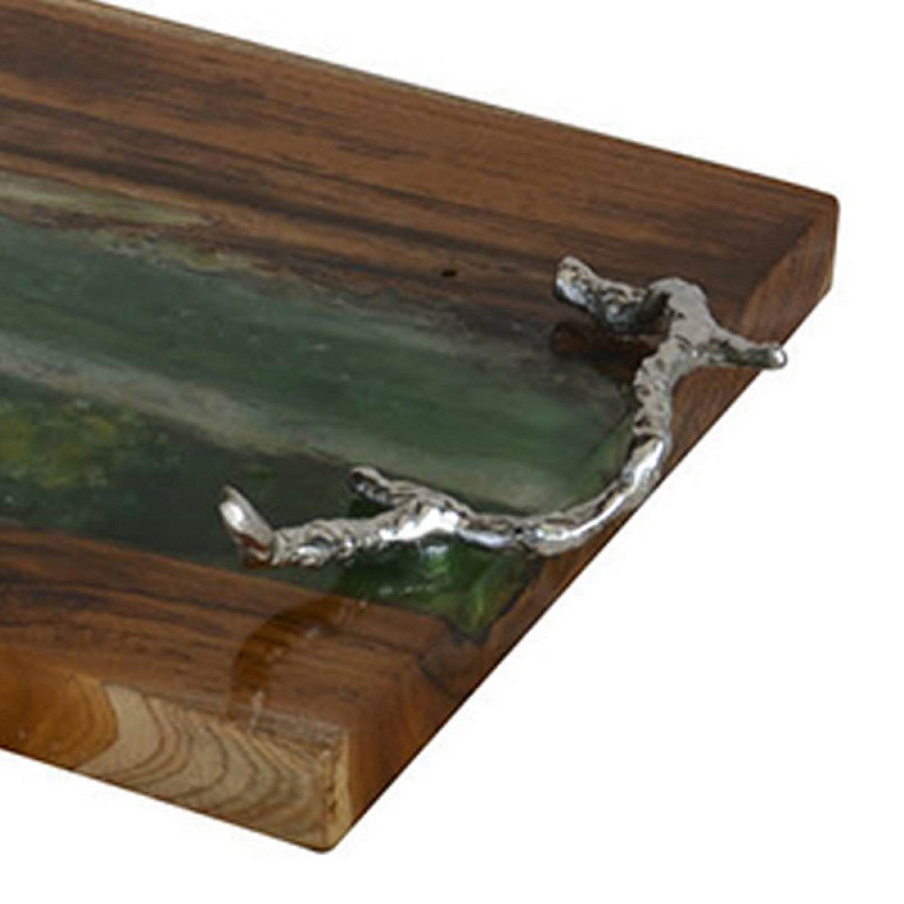 Teak Wood Serving Tray, Emerald Green Resin, Antique Gold Bird, 24 Inch - BM350230