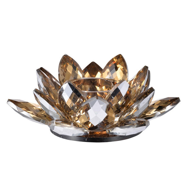 Decorative Candle Holder, Gold Amber Blooming Lotus Glass, 9 Inch - BM350231