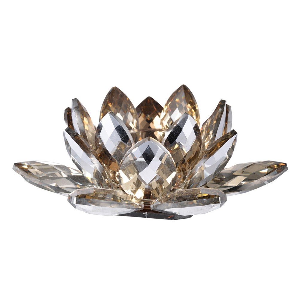 Decorative Candle Holder, Gold Amber Blooming Lotus Glass, 9 Inch - BM350231