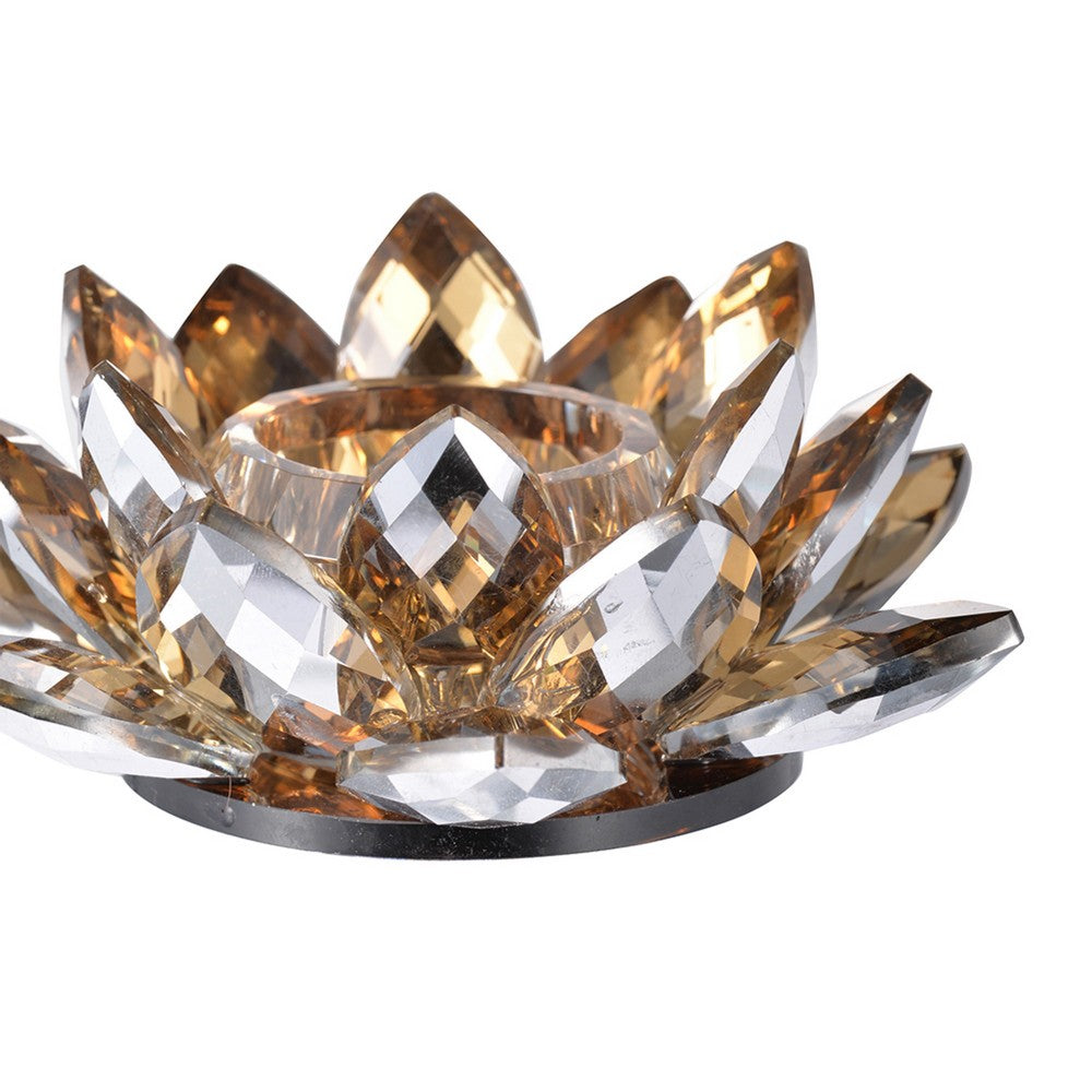 Decorative Candle Holder, Gold Amber Blooming Lotus Glass, 9 Inch - BM350231