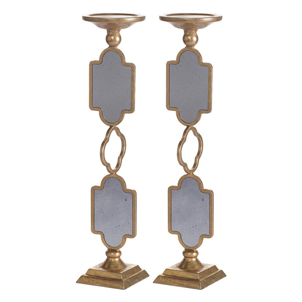 Candle Holders Set of 2, 17 Inch Gold Metal Frame, Mirrored Accent - BM350232