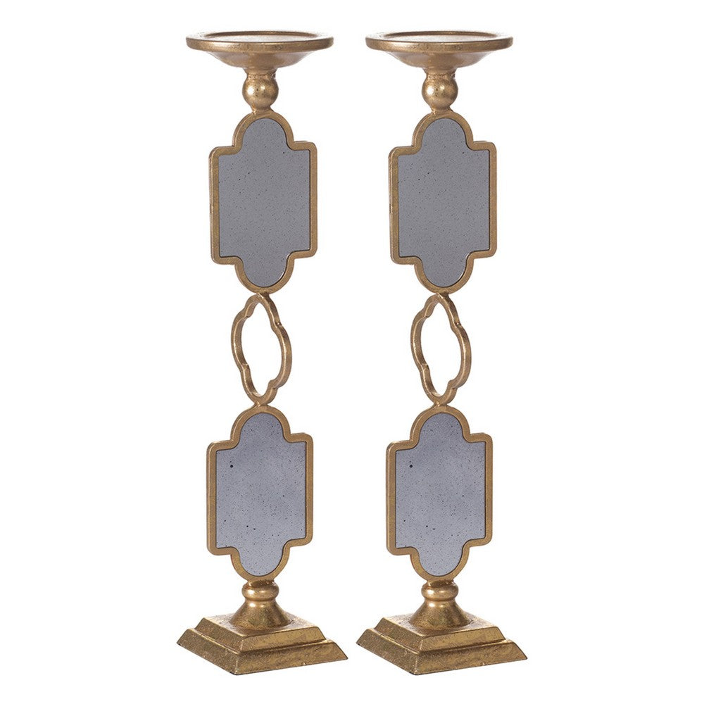Candle Holders Set of 2, 17 Inch Gold Metal Frame, Mirrored Accent - BM350232