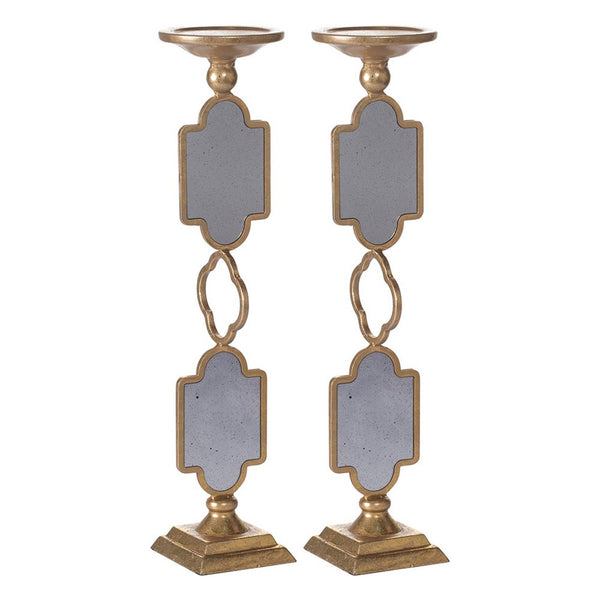 Candle Holders Set of 2, 17 Inch Gold Metal Frame, Mirrored Accent - BM350232