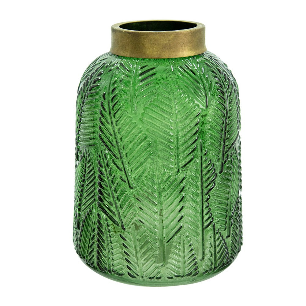 Dsy Floral Vase with Gold Rim, Embossed Fern Leaf, Green Glass 8 Inch - BM350234