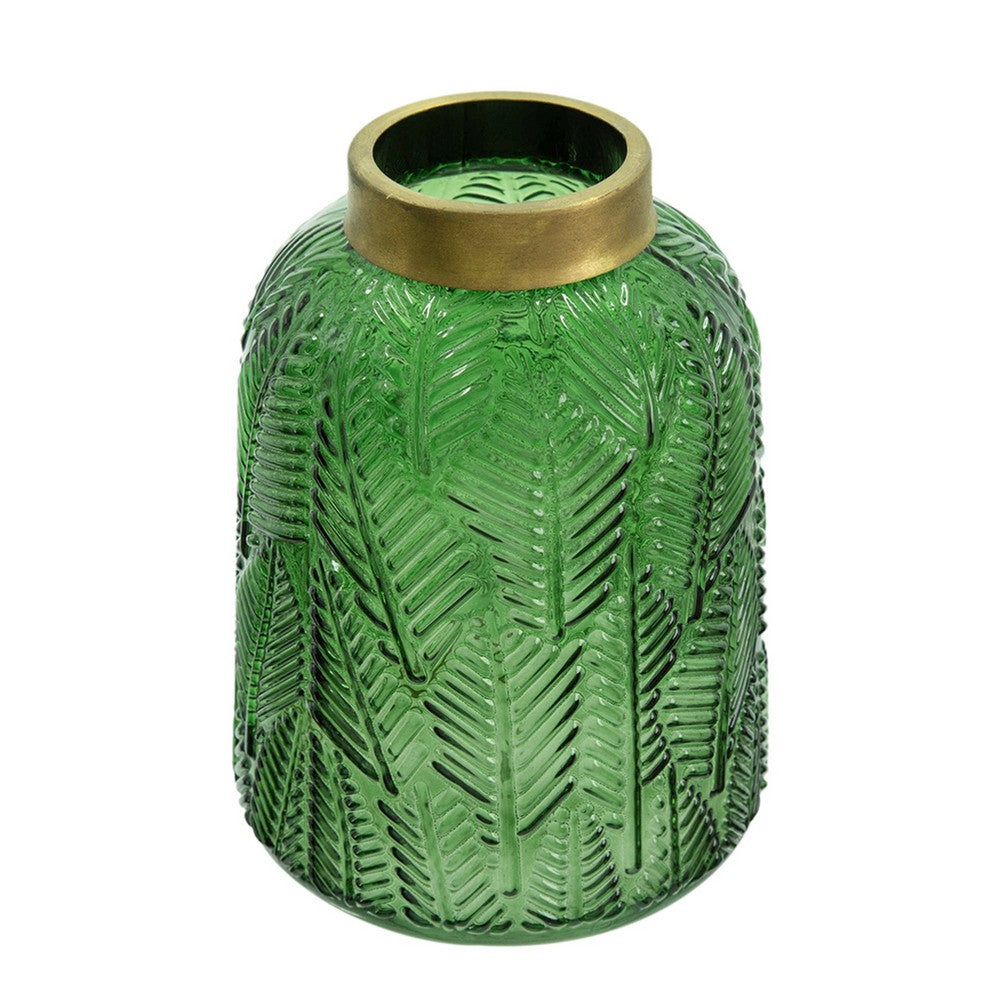 Dsy Floral Vase with Gold Rim, Embossed Fern Leaf, Green Glass 8 Inch - BM350234