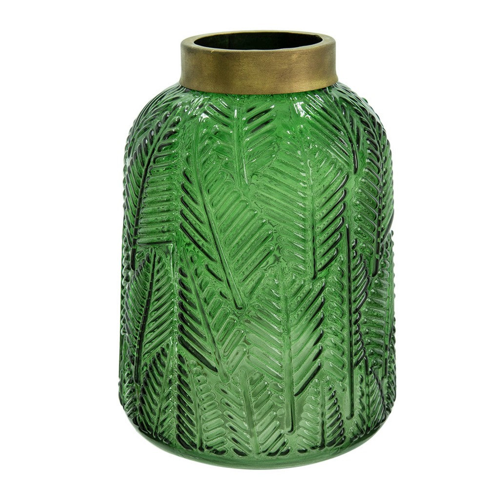 Dsy Floral Vase with Gold Rim, Embossed Fern Leaf, Green Glass 8 Inch - BM350234