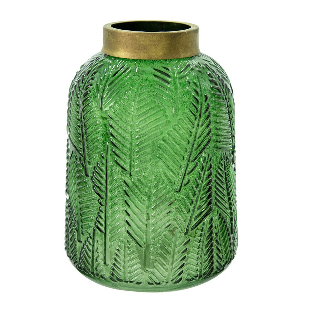 Dsy Floral Vase with Gold Rim, Embossed Fern Leaf, Green Glass 8 Inch - BM350234