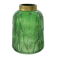 Dsy Floral Vase with Gold Rim, Embossed Fern Leaf, Green Glass 8 Inch - BM350234