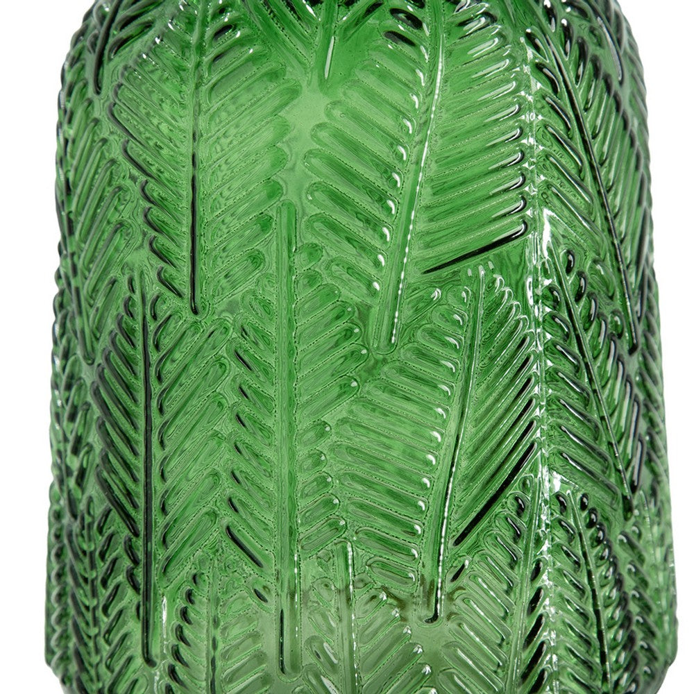 Dsy Floral Vase with Gold Rim, Embossed Fern Leaf, Green Glass 8 Inch - BM350234