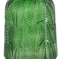 Dsy Floral Vase with Gold Rim, Embossed Fern Leaf, Green Glass 8 Inch - BM350234