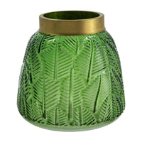 Dsy Floral Vase with Gold Rim, Embossed Fern Leaf, Green Glass 6 Inch - BM350235