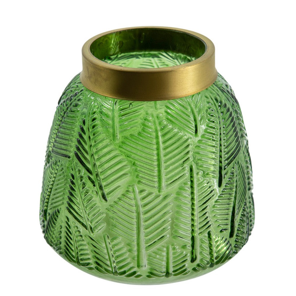 Dsy Floral Vase with Gold Rim, Embossed Fern Leaf, Green Glass 6 Inch - BM350235