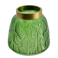 Dsy Floral Vase with Gold Rim, Embossed Fern Leaf, Green Glass 6 Inch - BM350235