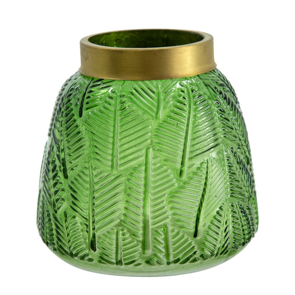 Dsy Floral Vase with Gold Rim, Embossed Fern Leaf, Green Glass 6 Inch - BM350235