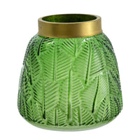 Dsy Floral Vase with Gold Rim, Embossed Fern Leaf, Green Glass 6 Inch - BM350235