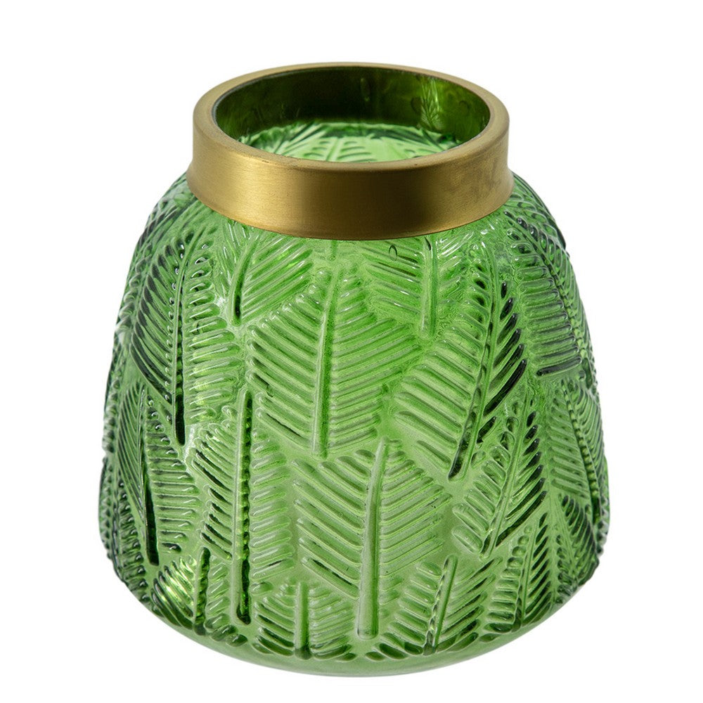 Dsy Floral Vase with Gold Rim, Embossed Fern Leaf, Green Glass 6 Inch - BM350235
