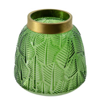 Dsy Floral Vase with Gold Rim, Embossed Fern Leaf, Green Glass 6 Inch - BM350235