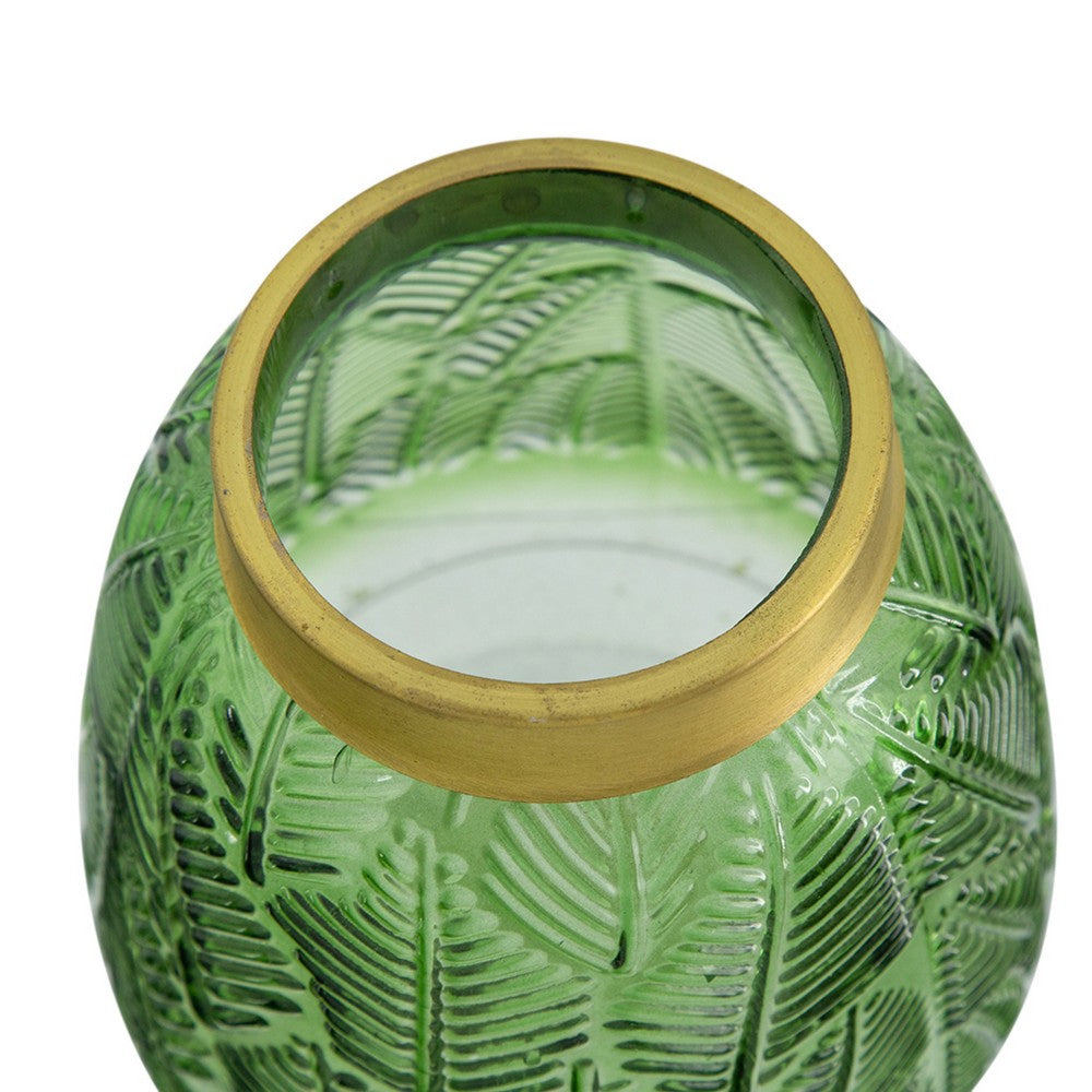 Dsy Floral Vase with Gold Rim, Embossed Fern Leaf, Green Glass 6 Inch - BM350235