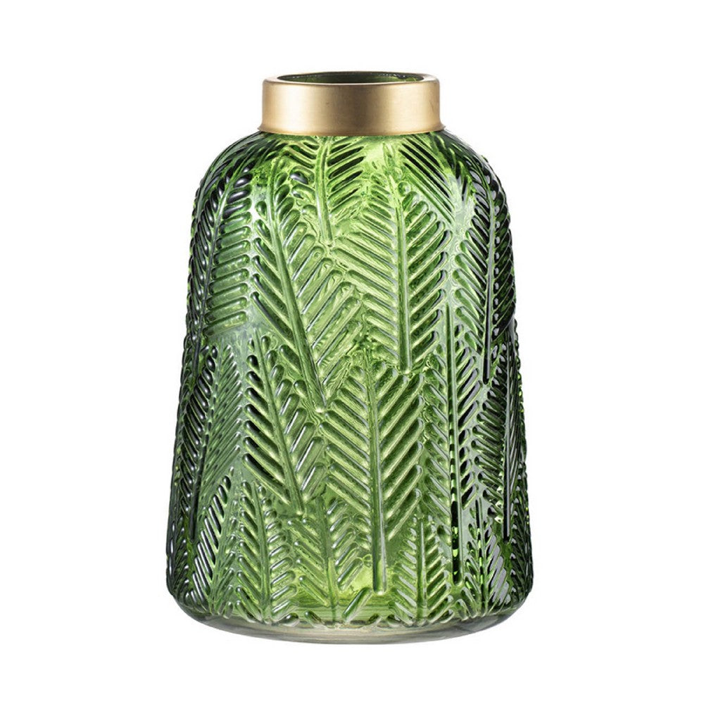 Dsy Floral Vase with Gold Rim, Embossed Fern Leaf, Green Glass 10 Inch - BM350236