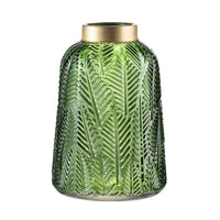 Dsy Floral Vase with Gold Rim, Embossed Fern Leaf, Green Glass 10 Inch - BM350236