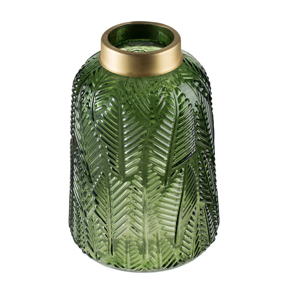 Dsy Floral Vase with Gold Rim, Embossed Fern Leaf, Green Glass 10 Inch - BM350236