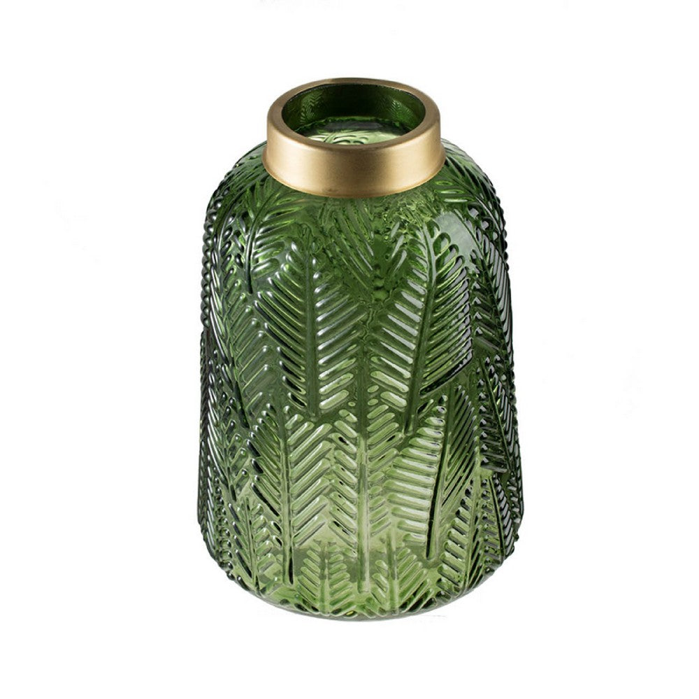 Dsy Floral Vase with Gold Rim, Embossed Fern Leaf, Green Glass 10 Inch - BM350236