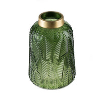 Dsy Floral Vase with Gold Rim, Embossed Fern Leaf, Green Glass 10 Inch - BM350236