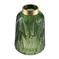 Dsy Floral Vase with Gold Rim, Embossed Fern Leaf, Green Glass 10 Inch - BM350236